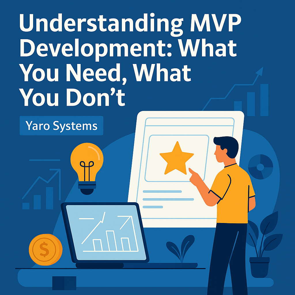 Illustration explaining MVP development for startups, showing core features vs unnecessary features