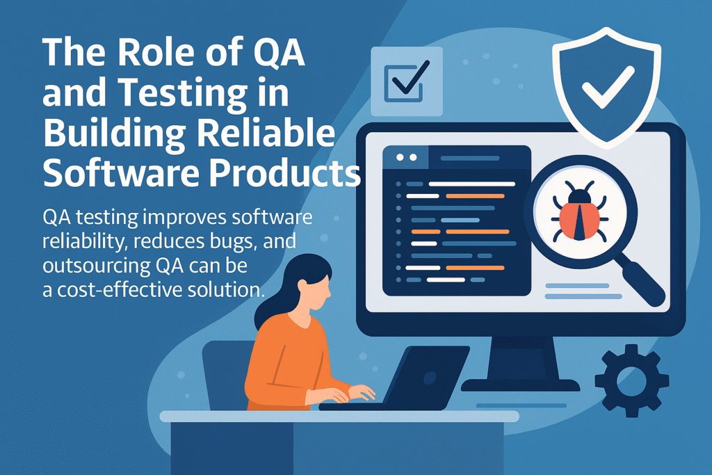 Illustration showing QA testing and software reliability with bug detection and quality assurance icons