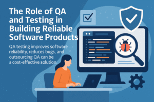 Illustration showing QA testing and software reliability with bug detection and quality assurance icons