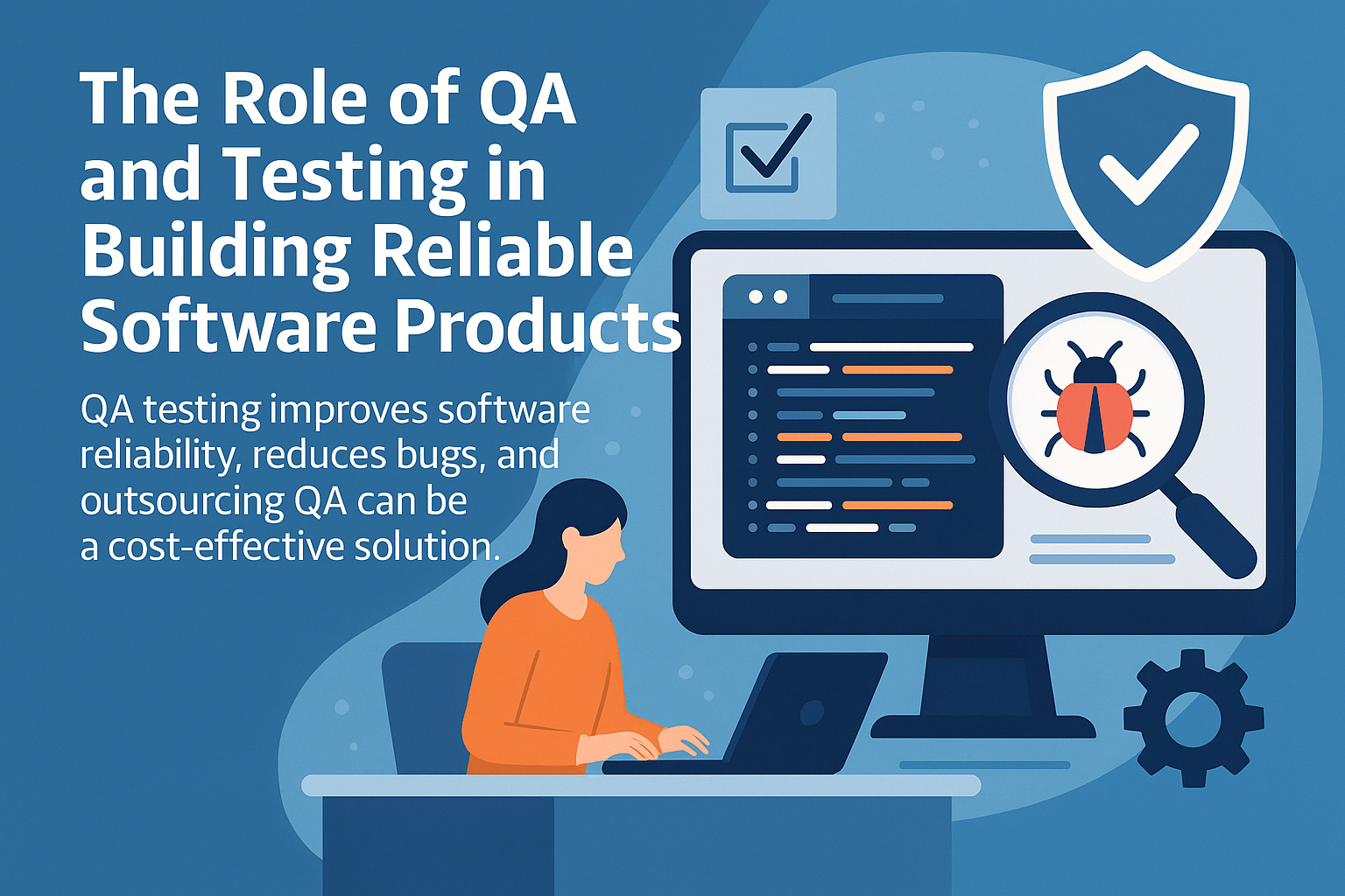 Illustration showing QA testing and software reliability with bug detection and quality assurance icons